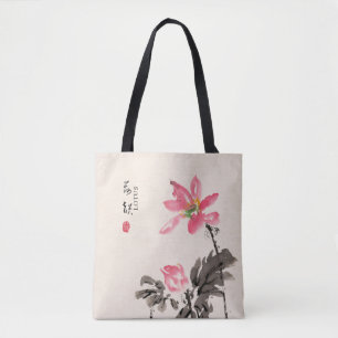 Chinese Hand painted Watercolor Floral Lotus Tote