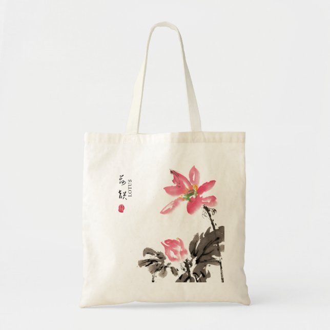 Chinese Hand painted Watercolor Floral Lotus Tote  Bag (Front)