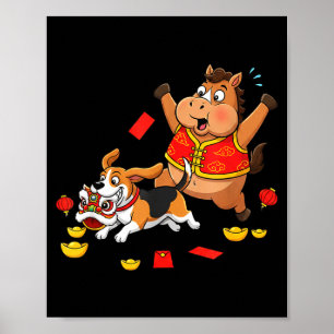 Chinese Horse Beagle Funny Kids Mens Womens Happy Poster