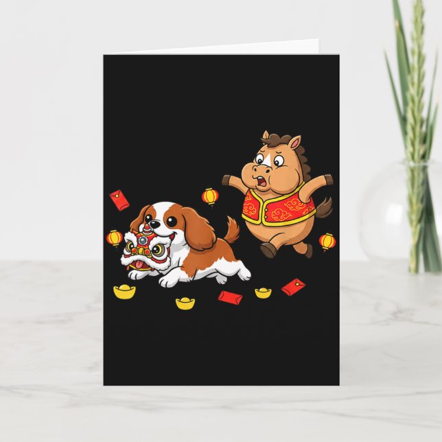 Chinese Horse Cavalier King Charles Spaniel Happy  Card (Front)