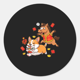 Chinese Horse Corgi Funny Kids Mens Womens Happy N Classic Round Sticker