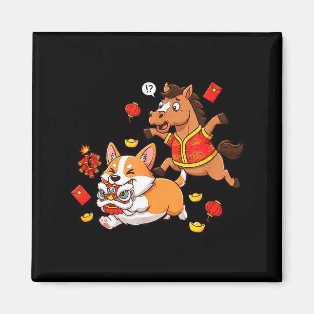 Chinese Horse Corgi Funny Kids Mens Womens Happy N Magnet (Front)