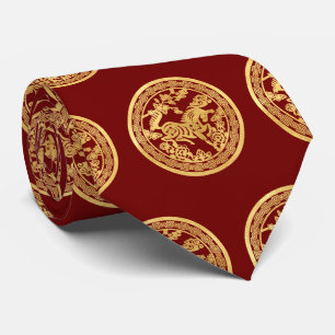 Chinese Horse gold paper-cut style red Tie