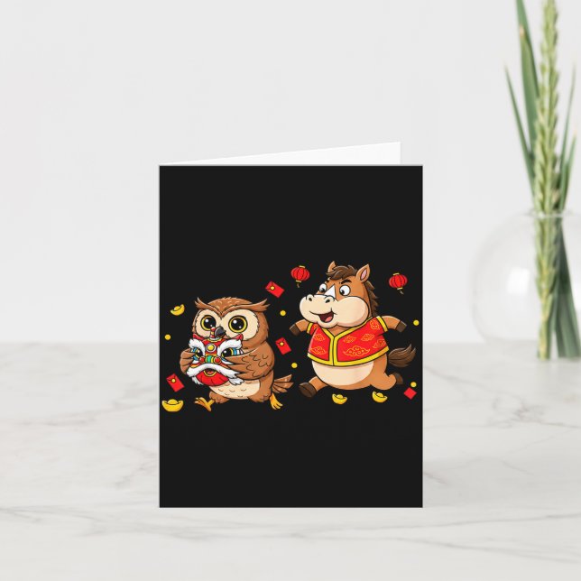 Chinese Horse Owl Funny Kids Mens Womens Happy New Card (Front)