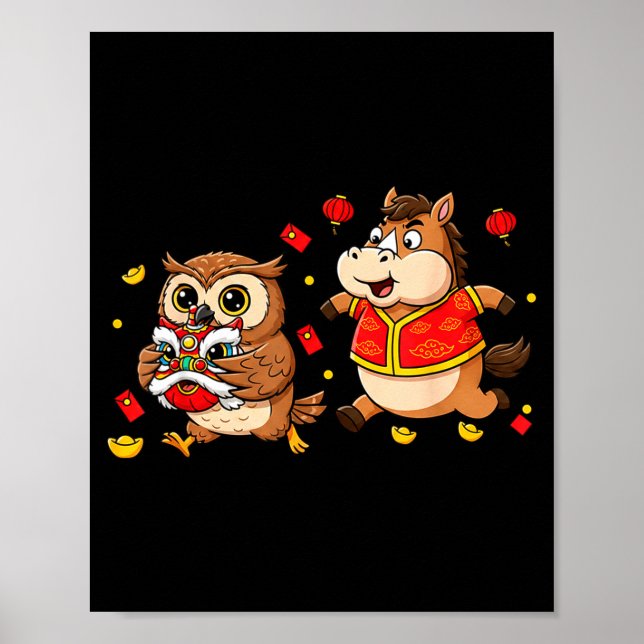 Chinese Horse Owl Funny Kids Mens Womens Happy New Poster (Front)