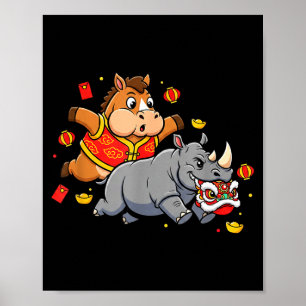 Chinese Horse Rhino Funny Kids Mens Womens Happy N Poster