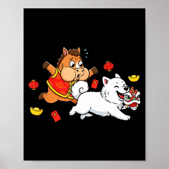 Chinese Horse Samoyed Funny Kids Mens Womens Happy Poster (Front)