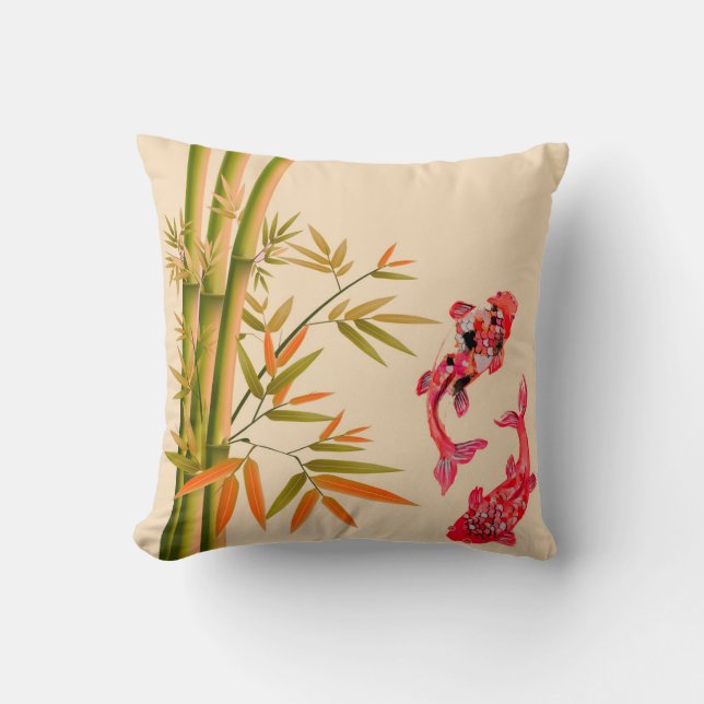 Chinese ink art bamboo red koi carps ethnic design cushion (Front)