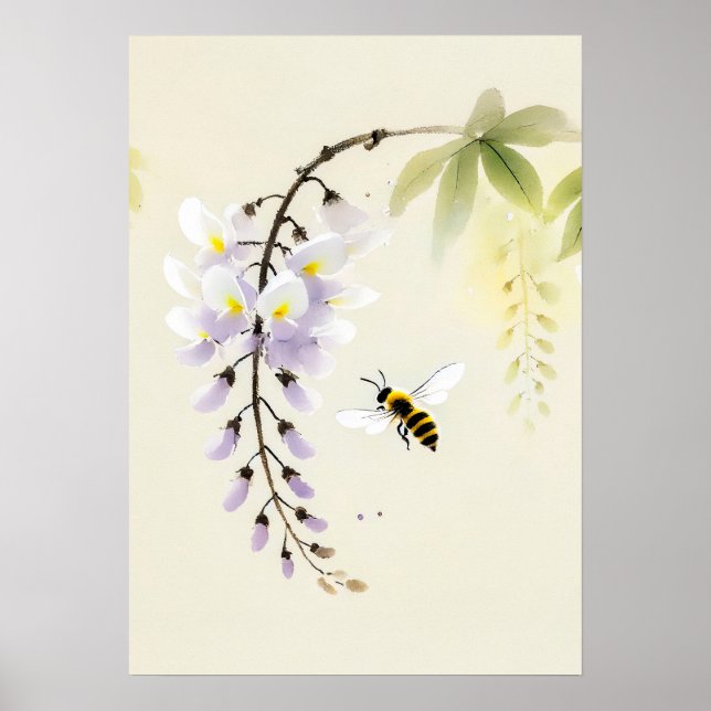 Chinese Ink Bee on Wisteria Poster (Front)