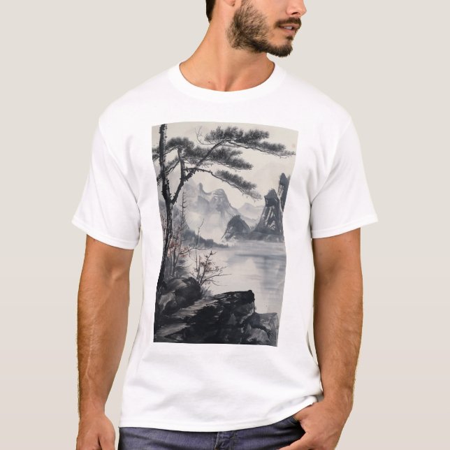 Chinese Ink Landscape Painting National Style T-Sh T-Shirt (Front)