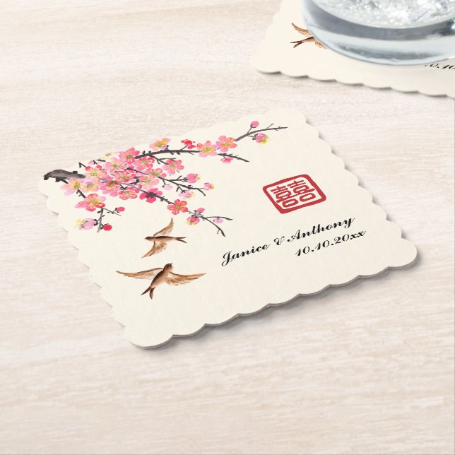 Chinese ink painting floral bird wedding  paper coaster (Angled)