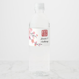 Chinese ink painting floral bird wedding water bottle label
