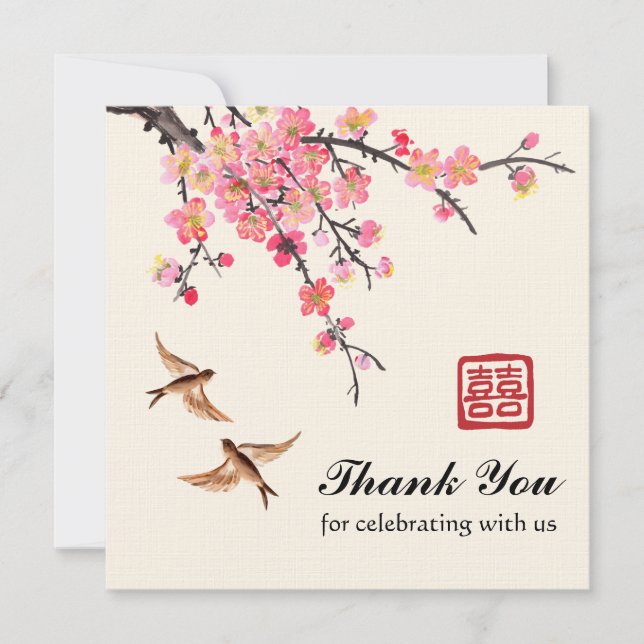 Chinese Ink painting flowers and birds wedding Thank You Card (Front)