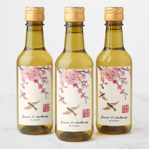 Chinese Ink painting flowers and birds wedding Wine Label
