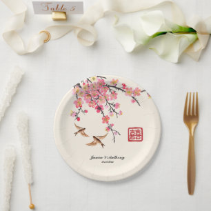 Chinese ink painting flowers birds wedding  paper plate