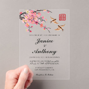Chinese ink painting flowers birds wedding welcome acrylic invitations
