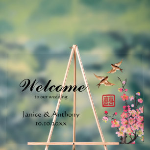 Chinese ink painting flowers birds wedding welcome acrylic sign