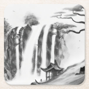 Chinese Ink Style Waterfall and Cottage Painting Square Paper Coaster