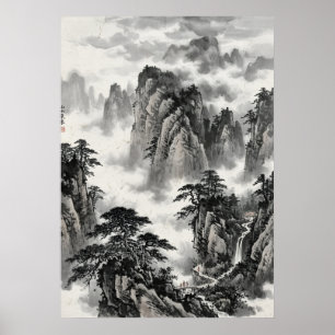 Chinese Ink Wash Landscape Misty Mountains Pine Tr Poster