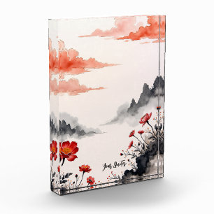 Chinese Ink Wash Poppy Art Photo Block