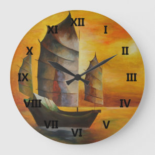 Chinese Junk In Ochre and Yellow Large Clock