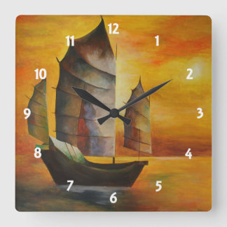 Chinese Junk In Ochre and Yellow Square Wall Clock