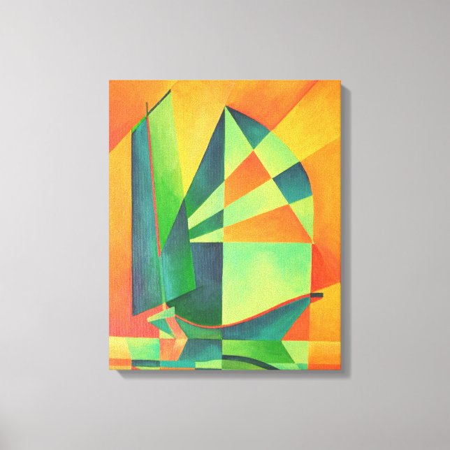Chinese Junk Sails at Sunrise Orange And Green  Canvas Print (Front)