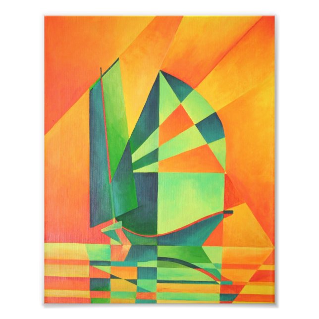 Chinese Junk Sails at Sunrise Orange And Green  Photo Print (Front)