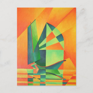 Chinese Junk Sails at Sunrise Orange And Green Postcard