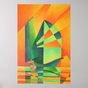 Chinese Junk Sails at Sunrise Orange And Green  Poster