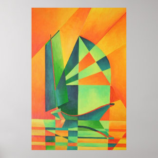 Chinese Junk Sails at Sunrise Orange And Green  Poster