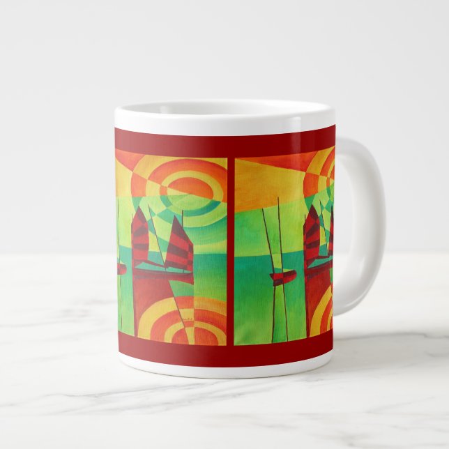 Chinese Junks On Still Waters Cubism Art Large Coffee Mug (Front Right)