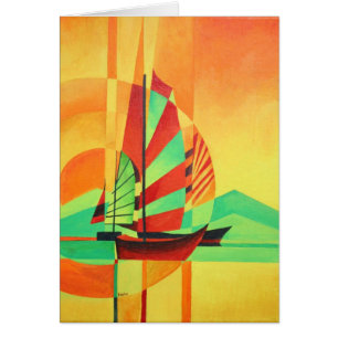 Chinese Junks Sail to Shore In Cubism Geo Art