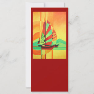 Chinese Junks Sail to Shore In Cubism Geo Art