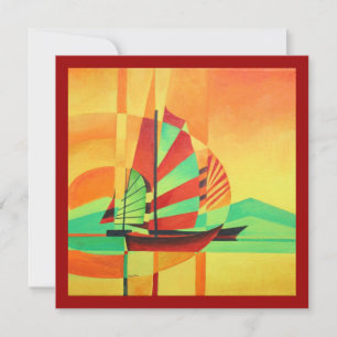 Chinese Junks Sail to Shore In Cubism Geo Art