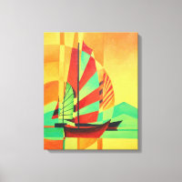 Chinese Junks Sail to Shore In Cubism Geo Art