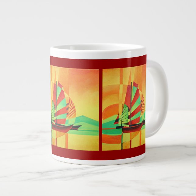 Chinese Junks Sail to Shore In Cubism Geo Art Large Coffee Mug (Front Right)