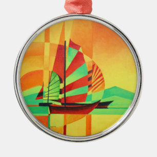 Chinese Junks Sail to Shore In Cubism Geo Art Metal Tree Decoration