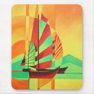 Chinese Junks Sail to Shore In Cubism Geo Art Mouse Mat