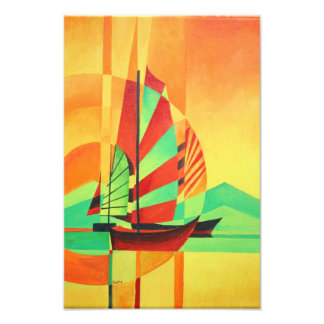 Chinese Junks Sail to Shore In Cubism Geo Art Photo Print