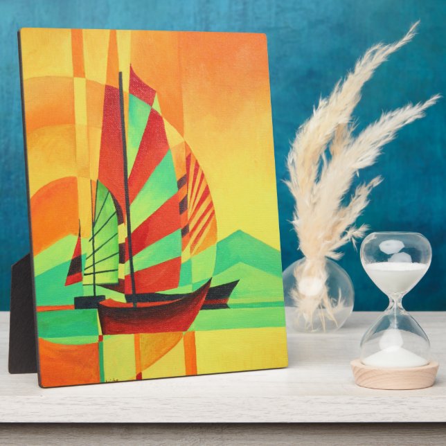 Chinese Junks Sail to Shore In Cubism Geo Art Plaque (Side)
