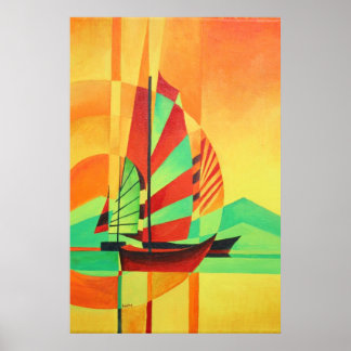 Chinese Junks Sail to Shore In Cubism Geo Art Poster