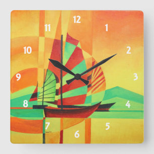 Chinese Junks Sail to Shore In Cubism Geo Art Square Wall Clock