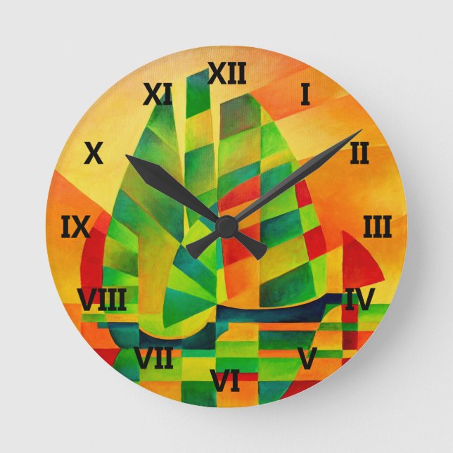 Chinese Junks, Sunset, Sails and Shadows Bold  Round Clock (Front)