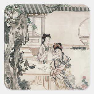 Chinese ladies in a garden square sticker