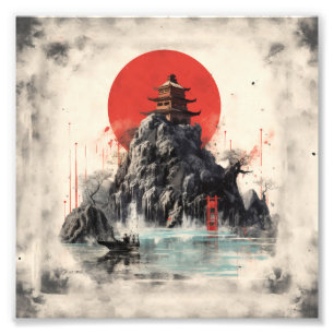 Chinese landscape with little house on high hill photo print