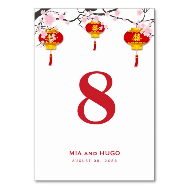 Chinese Lantern and Cherry Blossoms Wedding Table Number (Front)