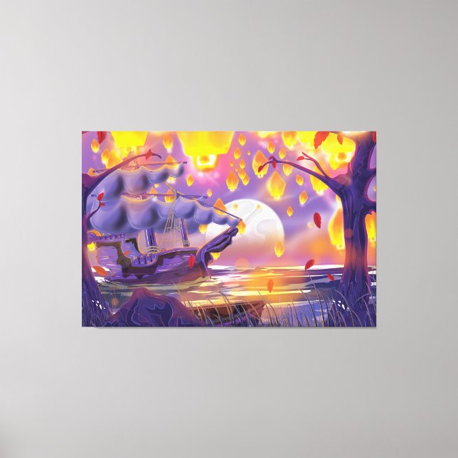 Chinese Lanterns by a moonlit river Canvas Print (Front)
