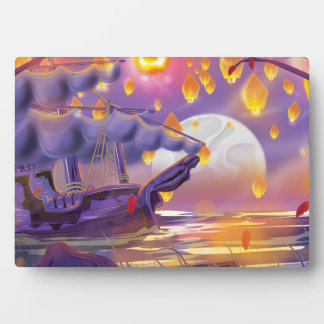 Chinese Lanterns by a moonlit river Plaque