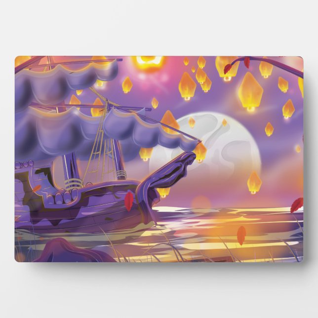 Chinese Lanterns by a moonlit river Plaque (Front)